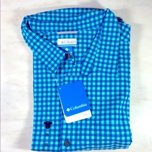 COLUMBIA PLAID SHORT SLEEVE SHIRT AQUA/ROYAL BLUE